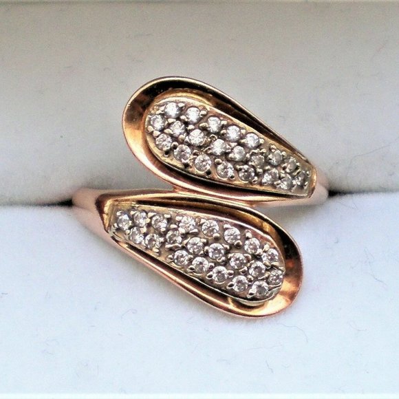 Vintage Russian Russia USSR 14K 585 Rose Pink Gold 0.37CT CZ Cluster Bypass Ring - Picture 6 of 10